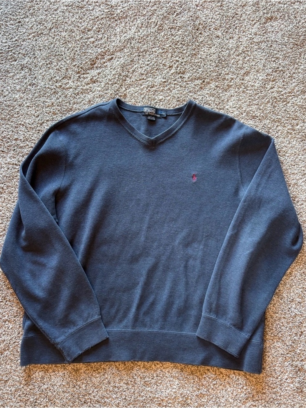 Polo by Ralph Lauren Men's Dark Blue V‑Neck Sweater with Purple Pony